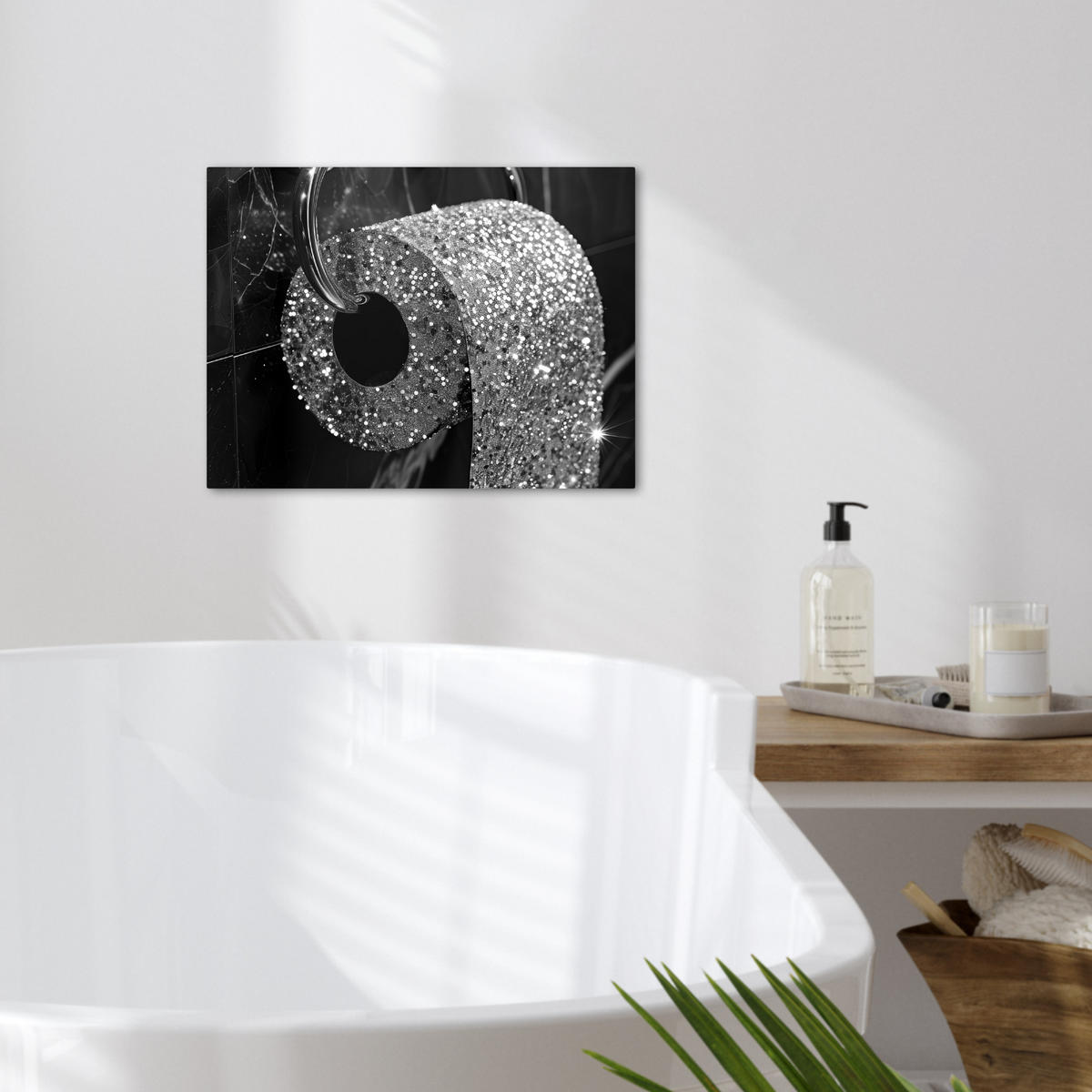 LEINWANDBILD WC - Toilettenpapier - Schwarz und weiß - Badezimmer 40x30 cm - Silberfarben, Textil (40/30cm) - MuchoWow