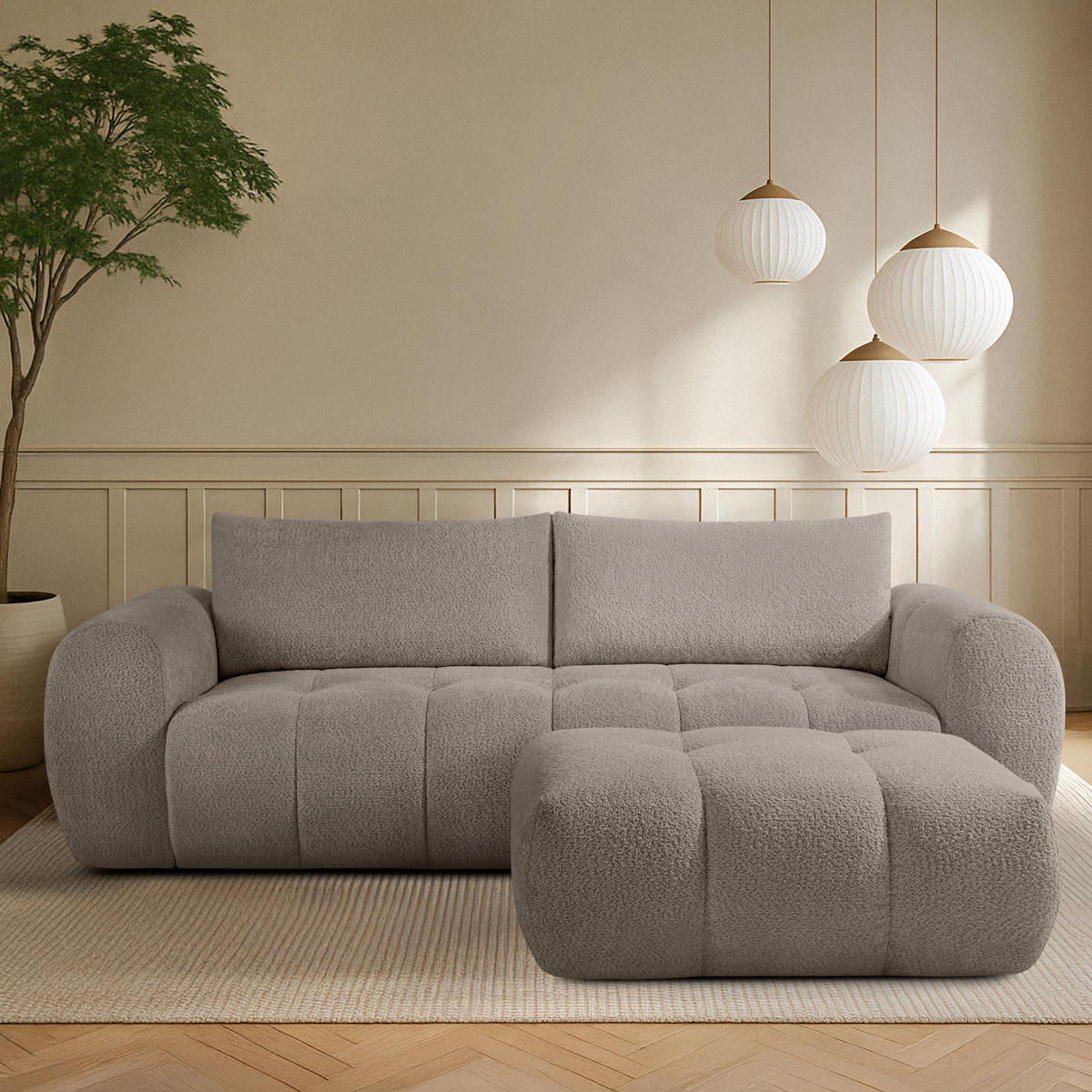 SOFA LIRA mit Pouf, Grau, Bouclé - Grau, Holz/Holzwerkstoff (96/43/50cm) - KONSIMO®