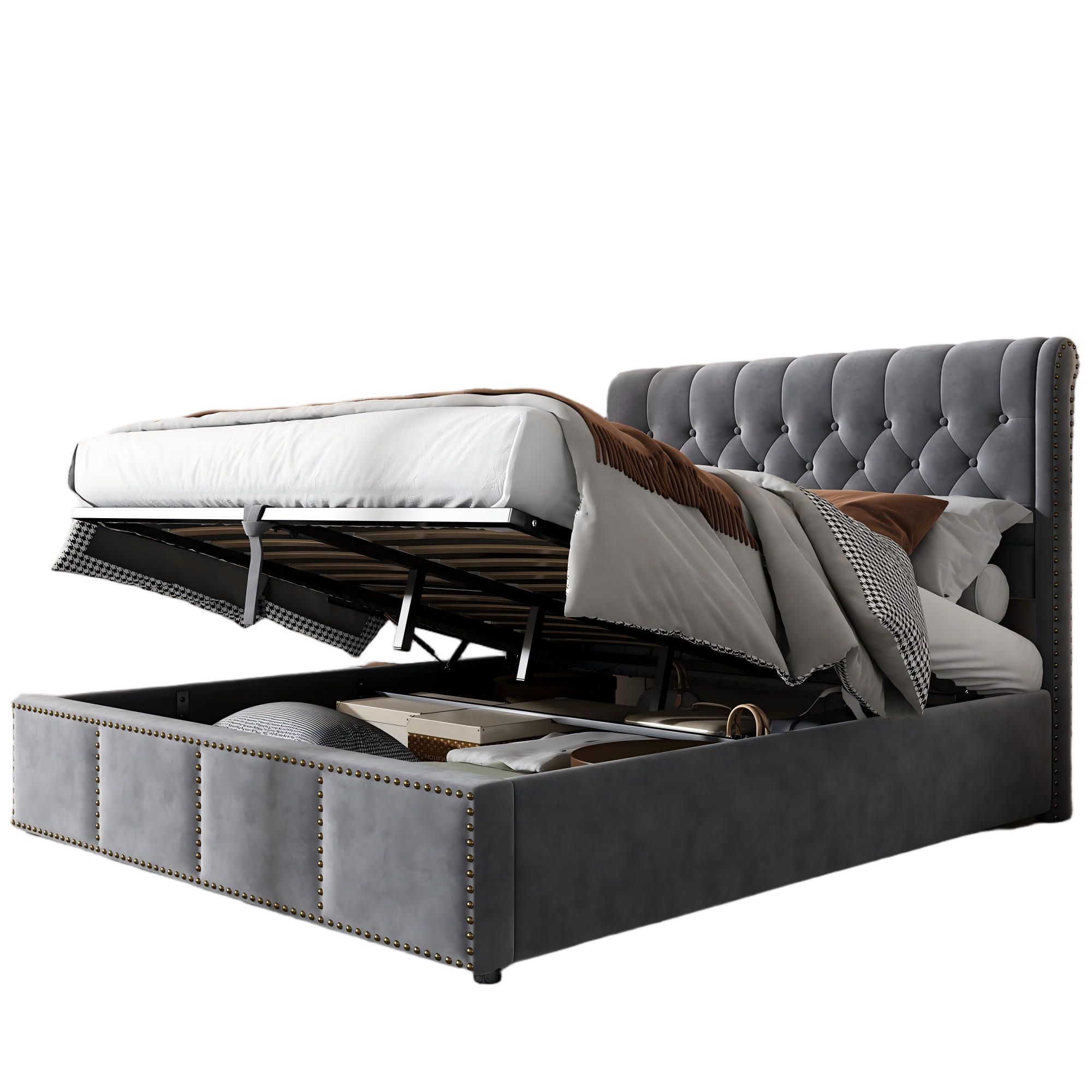 POLSTERBETT 160/200 cm Grau mit Hydraulikhebel und Stauraum - Grau, Textil (160/200cm) - OKWISH