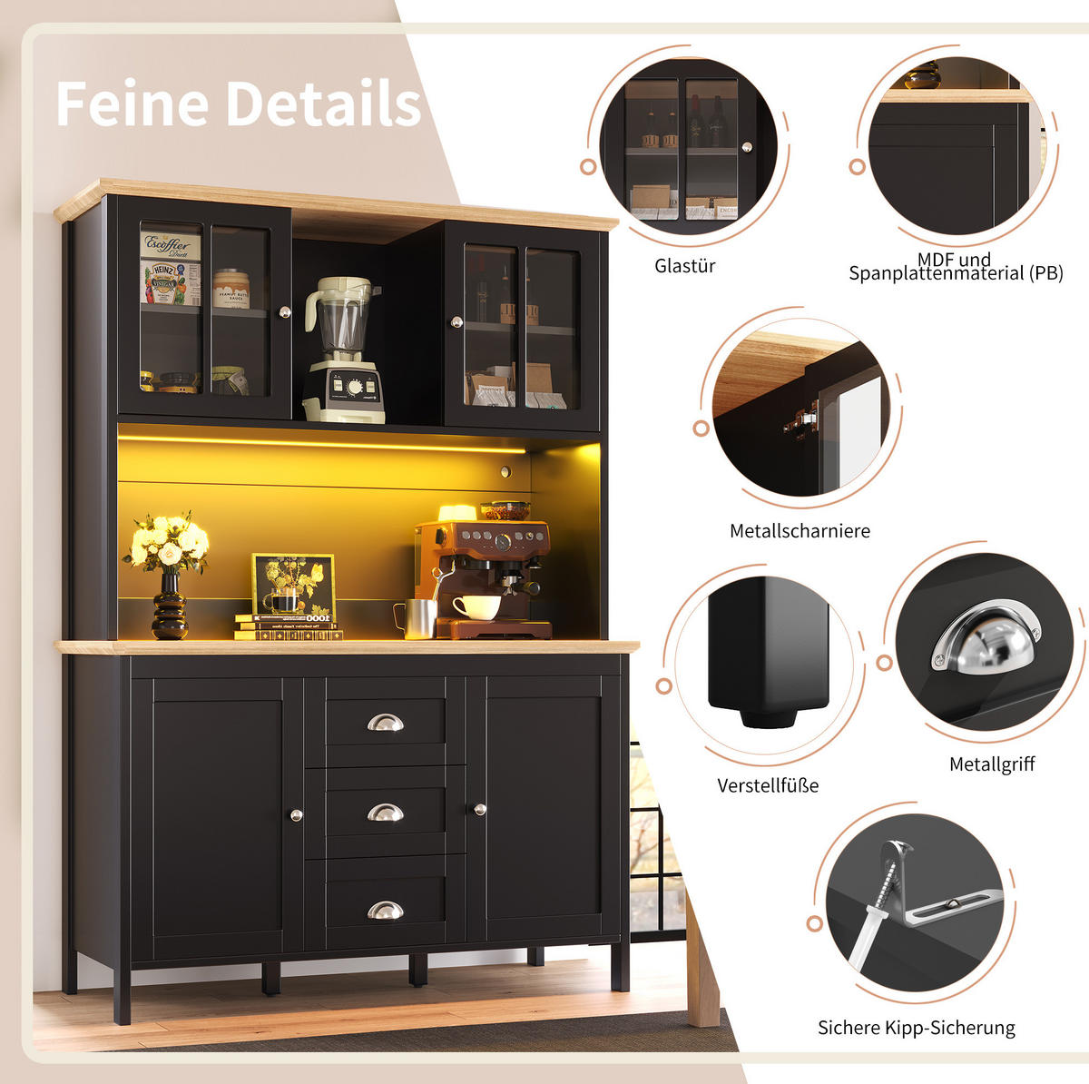 BUFFET 120/40/179 cm aus MDF und Metall mit LED-Beleuchtung Schwarz - Schwarz, Holzwerkstoff (120/179/40cm) - Modenvie