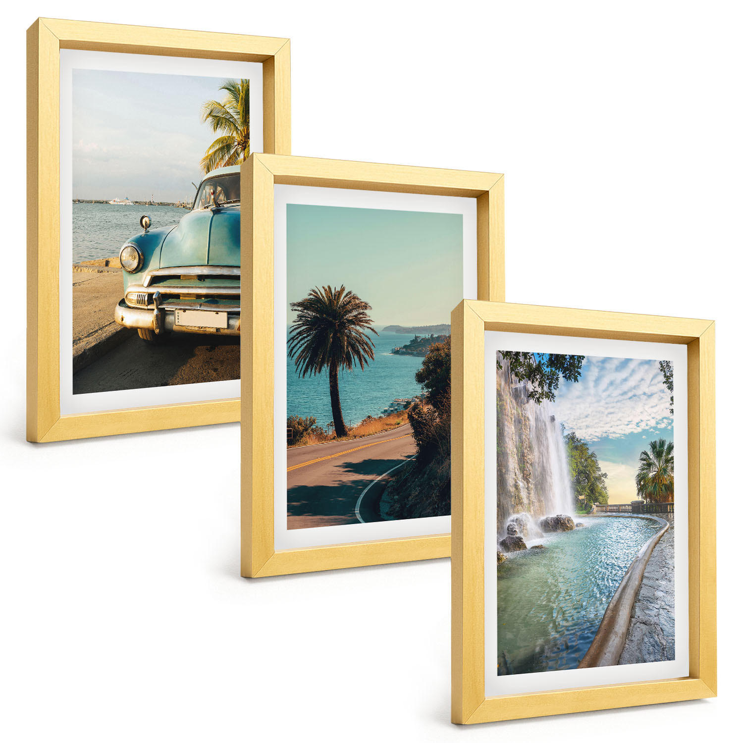 BILDER SET 3er Set - 20x30 cm Goldrahmen - Urlaub Palmen Wasserfall - Goldfarben, Kunststoff (20/30cm) - TULUP