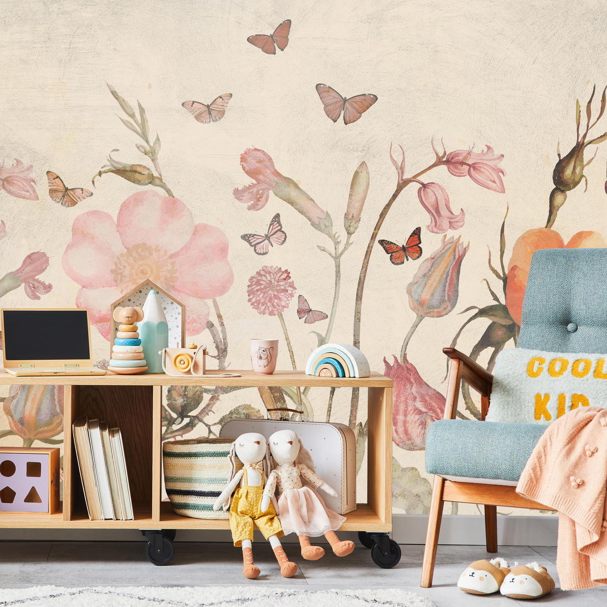 FOTOTAPETE für Kinderzimmer Wiesenblumen Aquarell Schmetterlinge Boho 500x350 - Beige/Rot, Papier (500/350cm) - Muralo