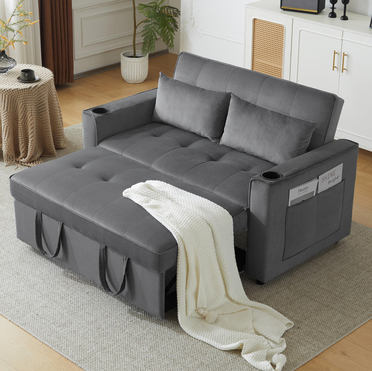 SCHLAFSOFA Samt mit Schlaffunktion und Getränkehaltern Grau 137/76,5/83 cm - Grau, Textil (83/137/76.5cm) - Redom