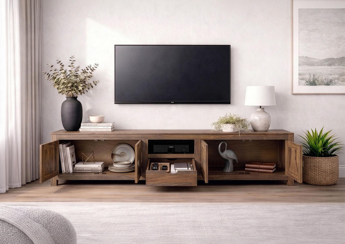 TV-BOARD Sheesham 220x45x56 grau geölt NATURE GREY #38 - Grau, Holz (220/56/45cm) - Massivmoebel24