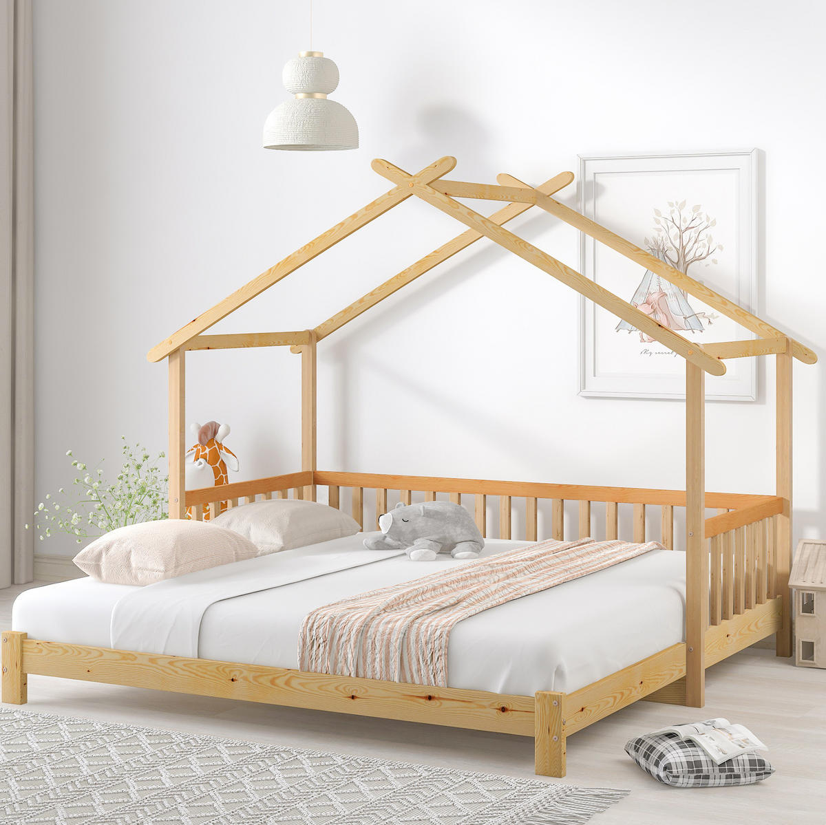 HAUSBETT 90/200 cm aus Kiefer massiv – ausziehbar von 90 auf 180/200 cm - Naturfarben, Holz (90/200cm) - BEAOK