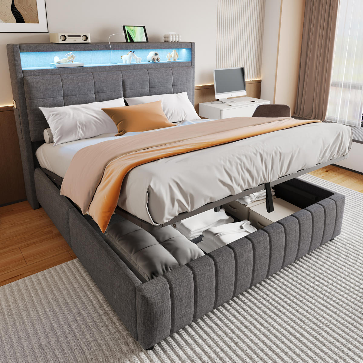 POLSTERBETT 160/200 cm grau aus Leinenstoff mit LED und Stauraum - Grau, Textil (160/200cm) - OKMYHOME