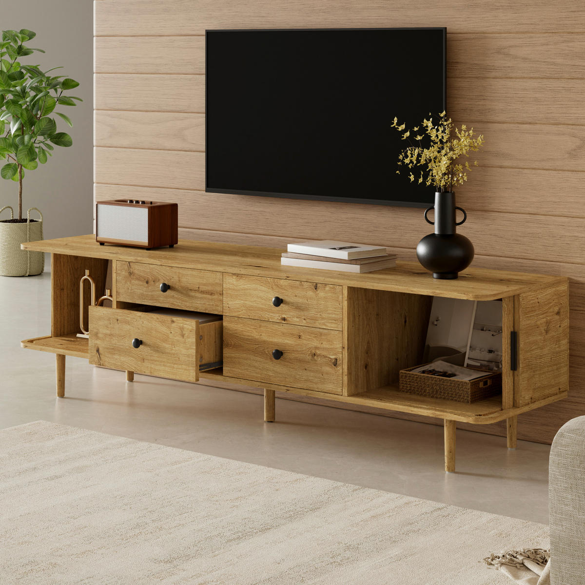 TV-LOWBOARD 165cm mit 4 Schubladen und 2 Schiebetüren - Naturfarben, Holzwerkstoff (165/46/40cm) - FLIEKS