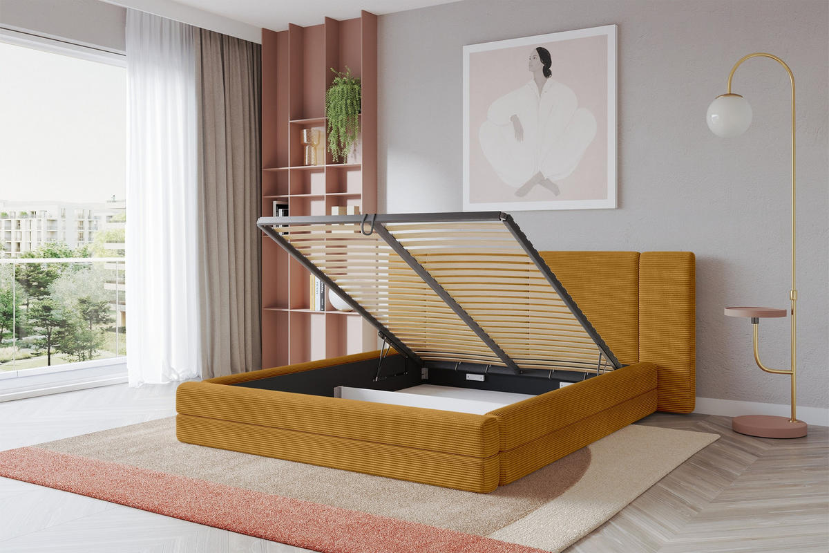 POLSTERBETT mit Bettkasten und Lattenrost, Bett mit Matratze H3/H4 - TEVO 200x200 Senfgelb - Gelb, Holzwerkstoff/Textil (200/200cm) - ALTDECOR