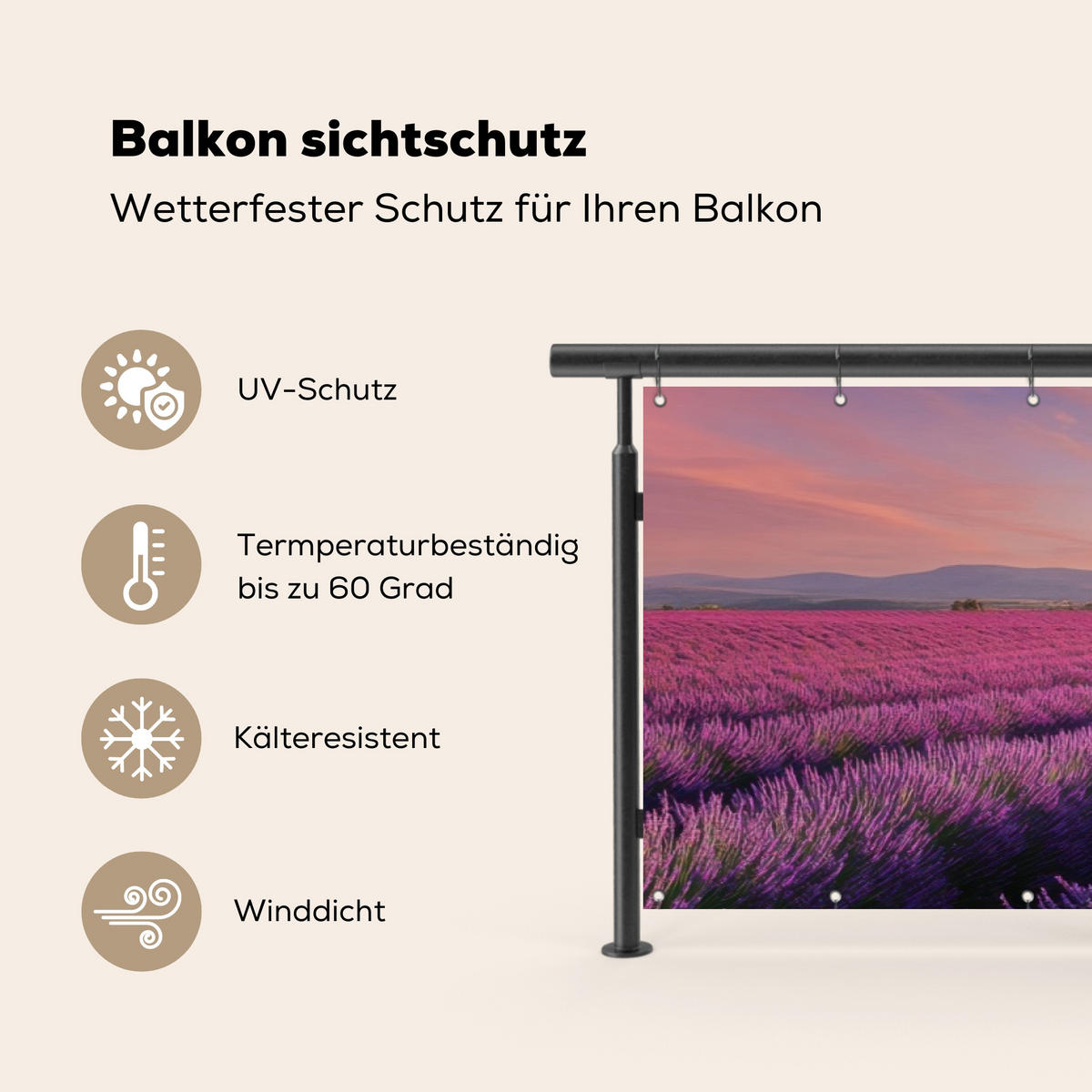 BALKON-SICHTSCHUTZ Lavendelfeld - Sonnenuntergang - Lila - Blumen - Violett, Kunststoff (500/120cm) - MuchoWow