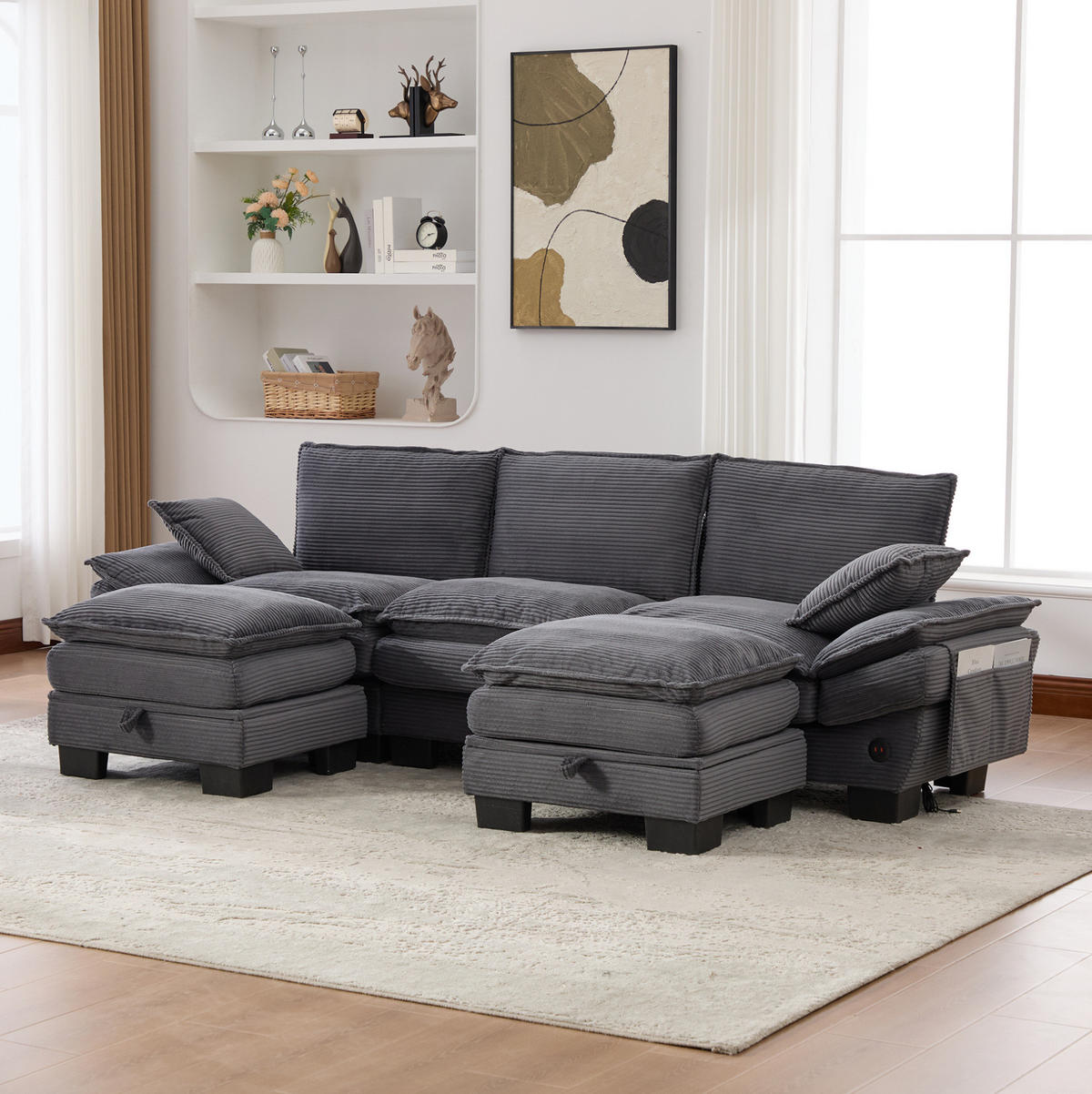 3-SITZER Sofa aus Cordstoff 260x132x84 cm in Dunkelgrau mit USB-C & Seitentaschen - Dunkelgrau, Textil (132/84/260cm) - Modfu