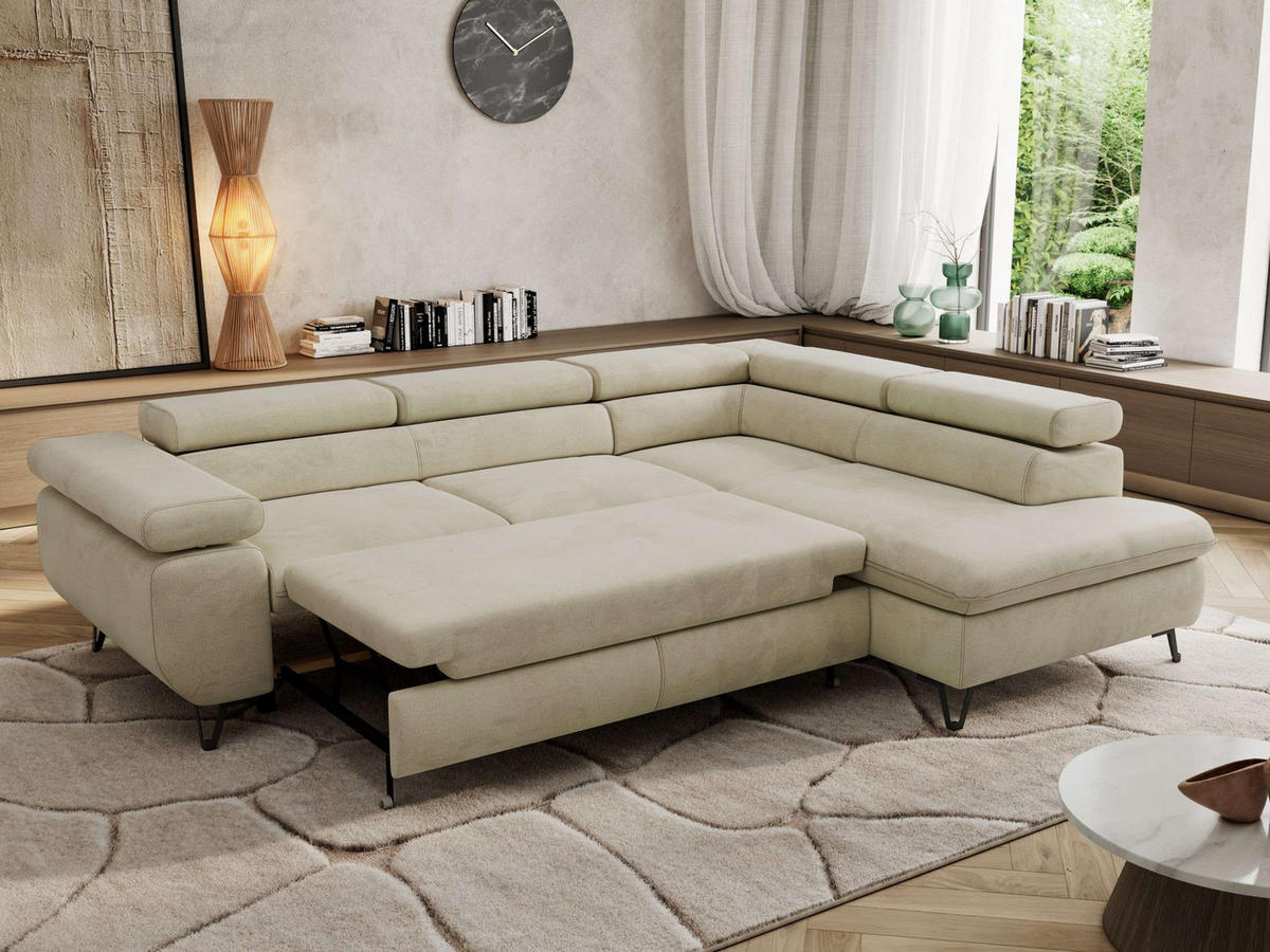ECKSOFA PABLO L Beige Velvet - Rechts Seite mit T25 Topper - Beige/Schwarz, Textil/Metall (273/208cm) - MKS