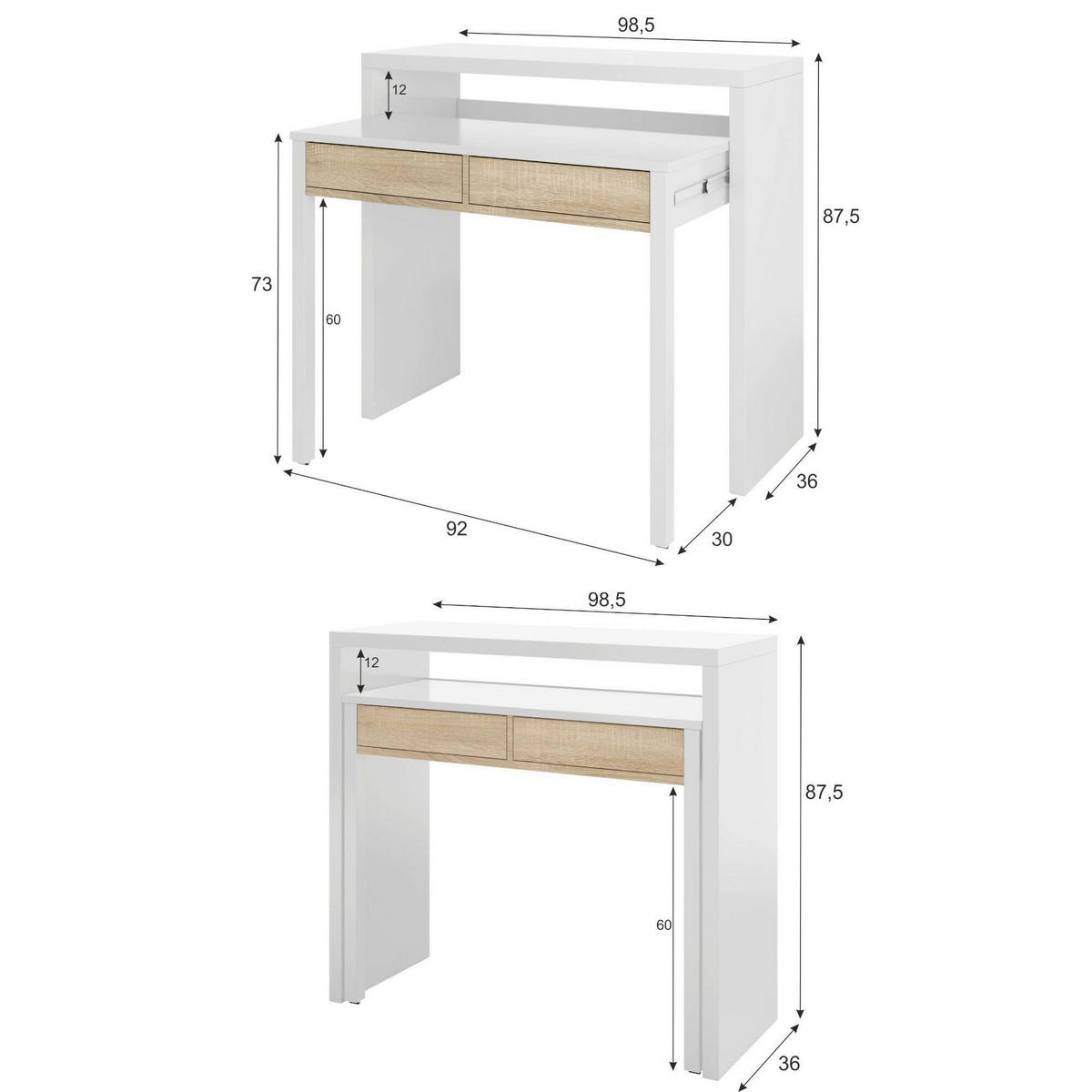 SCHREIBTISCH Weiß, Eiche 36/98.5/87.5 cm - Eichefarben/Weiß, Holzwerkstoff (36/98.5/87.5cm) - DMORA