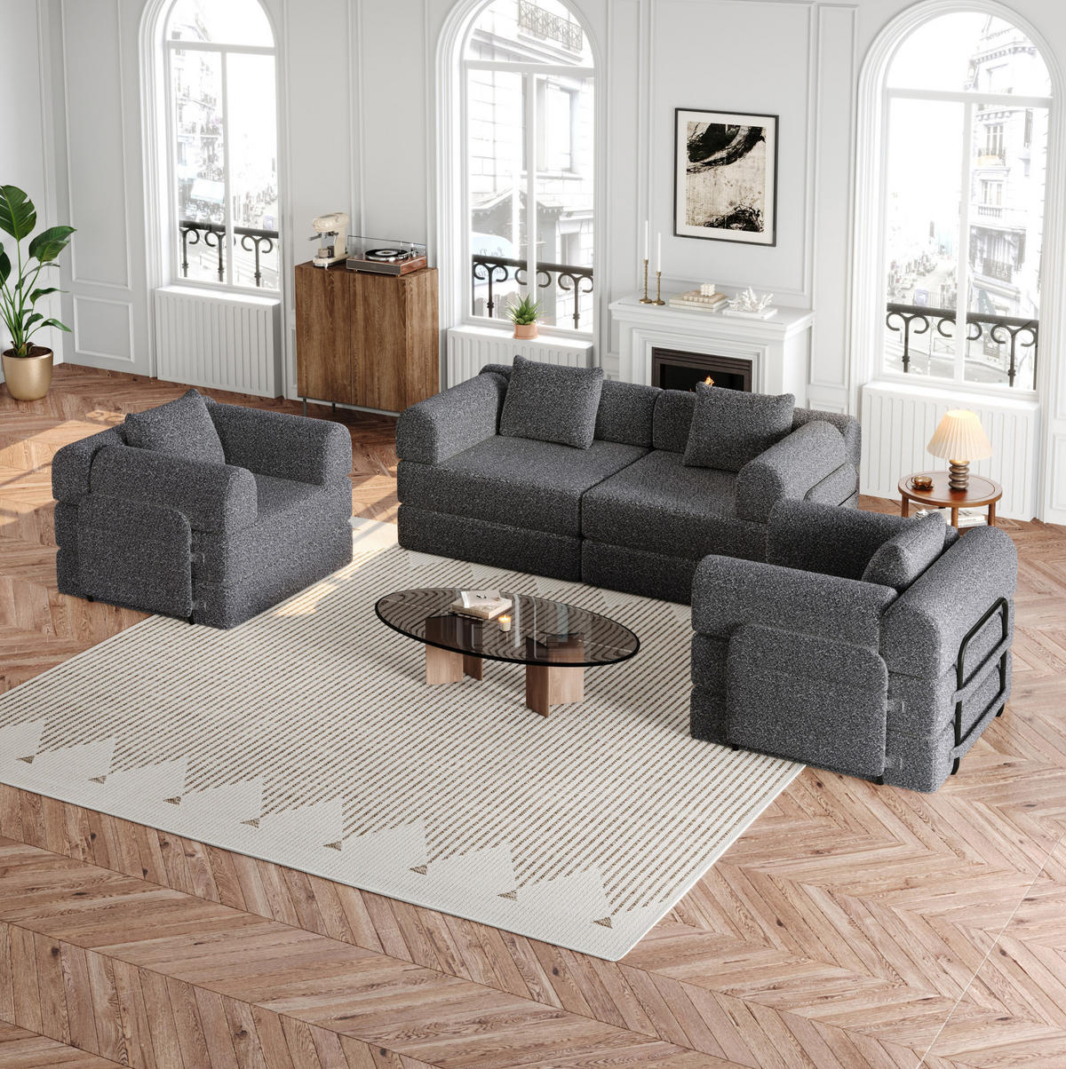 SCHLAFSOFA, Chenille 2-in-1 mit Armlehnen-Staufach & Stahlrahmen, 91,4/183,8/69,8 cm, Grau - Grau, Textil (91.4/69.8/183.8cm) - Redom