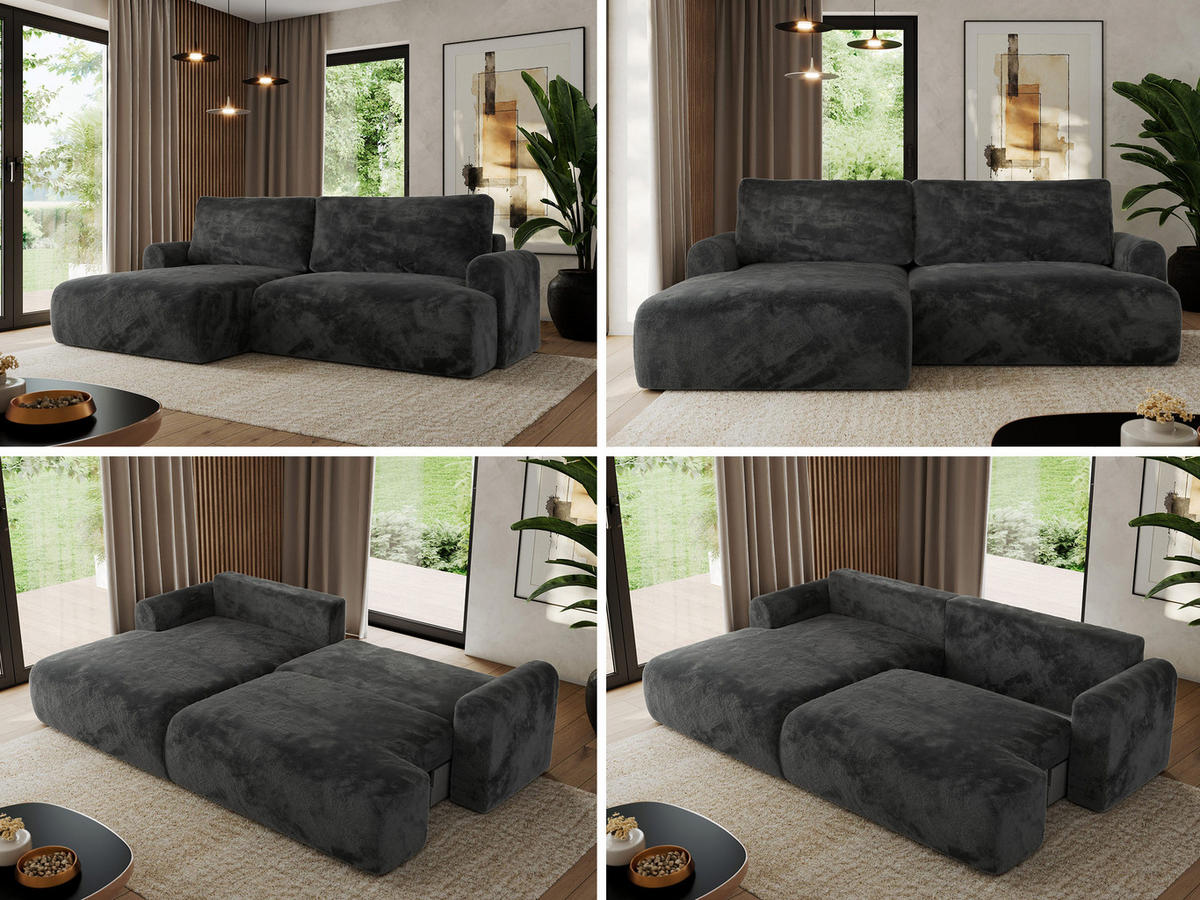 ECKSCHLAFSOFA TONO L Dunkelgrau Plüsch - links - Dunkelgrau/Schwarz, Kunststoff/Textil (260/150cm) - MKS
