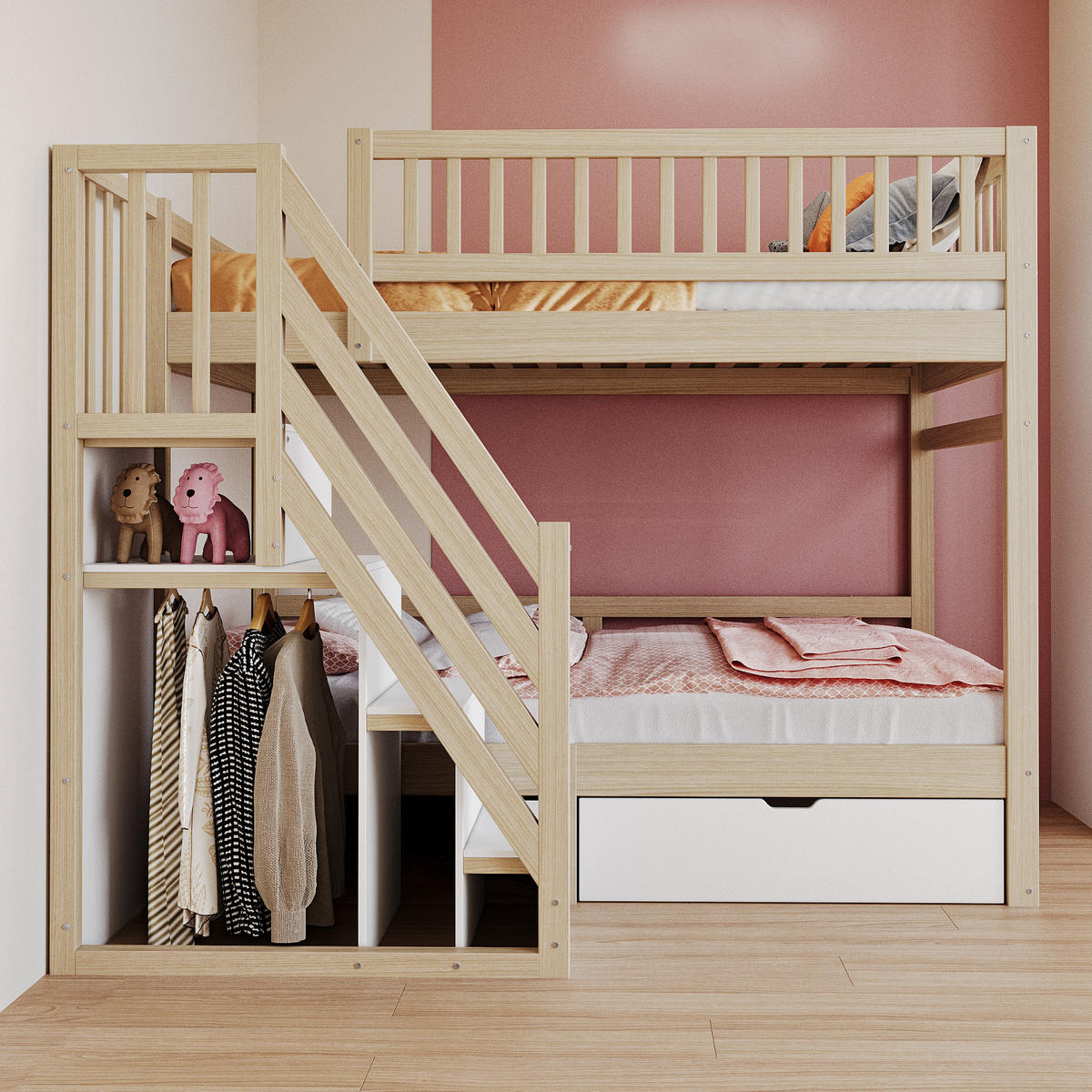 KINDERBETT aus Massivholz 90x200 cm mit Stauraumtreppe & Schublade - Naturfarben, Holz (90/200cm) - Modfu