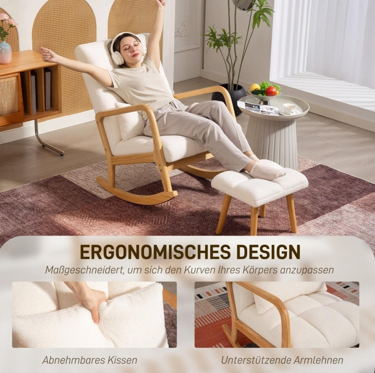 SCHAUKELSTUHL 82/64/99 cm mit Hocker 64,5/82/99 cm weiß aus Holz mit Fleece-Bezug - Weiß, Holz (64.5/99/82cm) - OKWISH