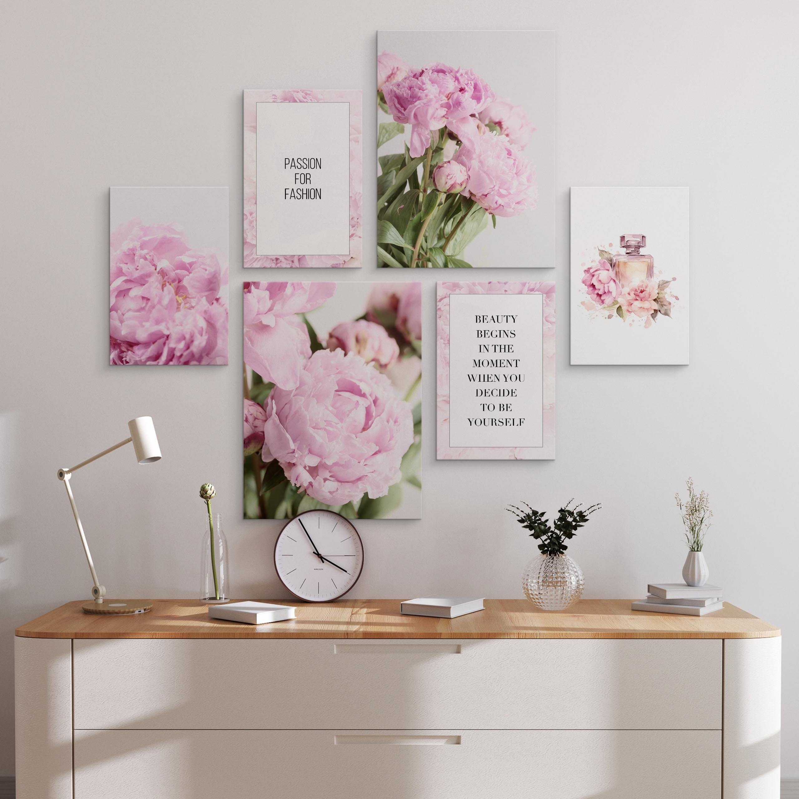 LEINWANDBILDER 6-er Set Blumen Zitate - Beige/Schwarz, Textil (90/80cm) - Muralo