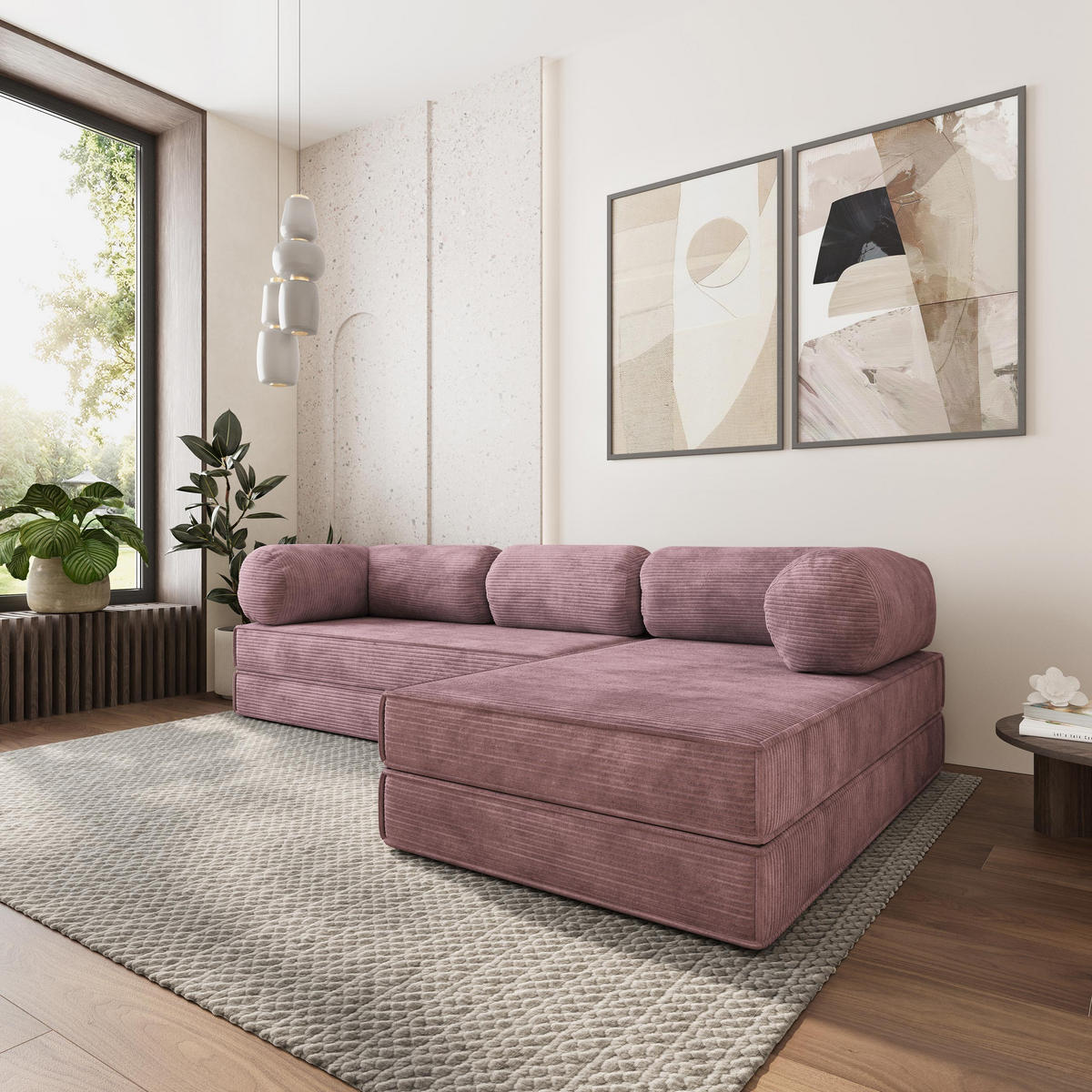 ROHOVÁ SEDAČKA ETERA modulární Boneless pohovka s funkcí spaní, šeříková POSO 130 - fialová, textil (270/160cm) - MASSENO
