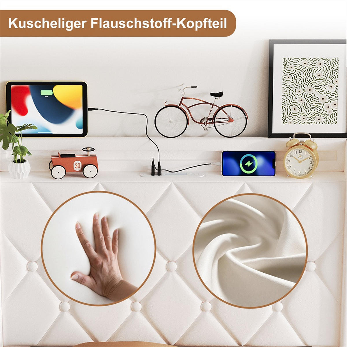 POLSTERBETT 90x200 cm mit hydraulischem Stauraum - Kopfteil Regal & LED - USB - ohne Matratze - Beige - Beige, Textil (90/200cm) - DELFA