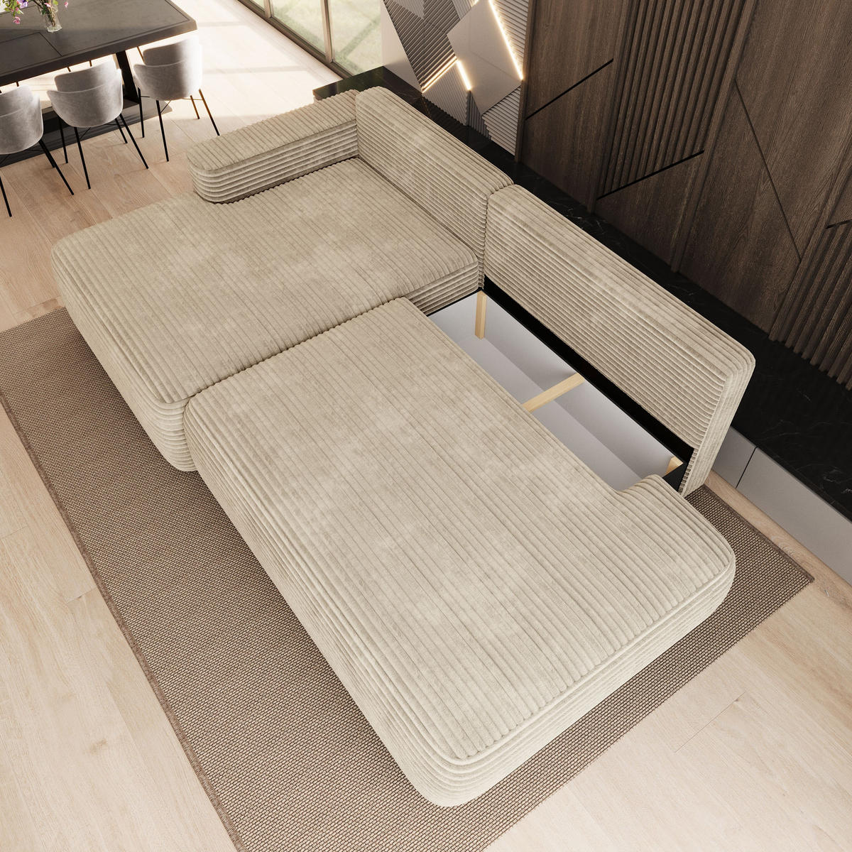 ECKSOFA AVINI T L-S Creme Kordstoff mit Schlaffunktion - Creme, Holzwerkstoff/Textil (277/160cm) - MASSENO