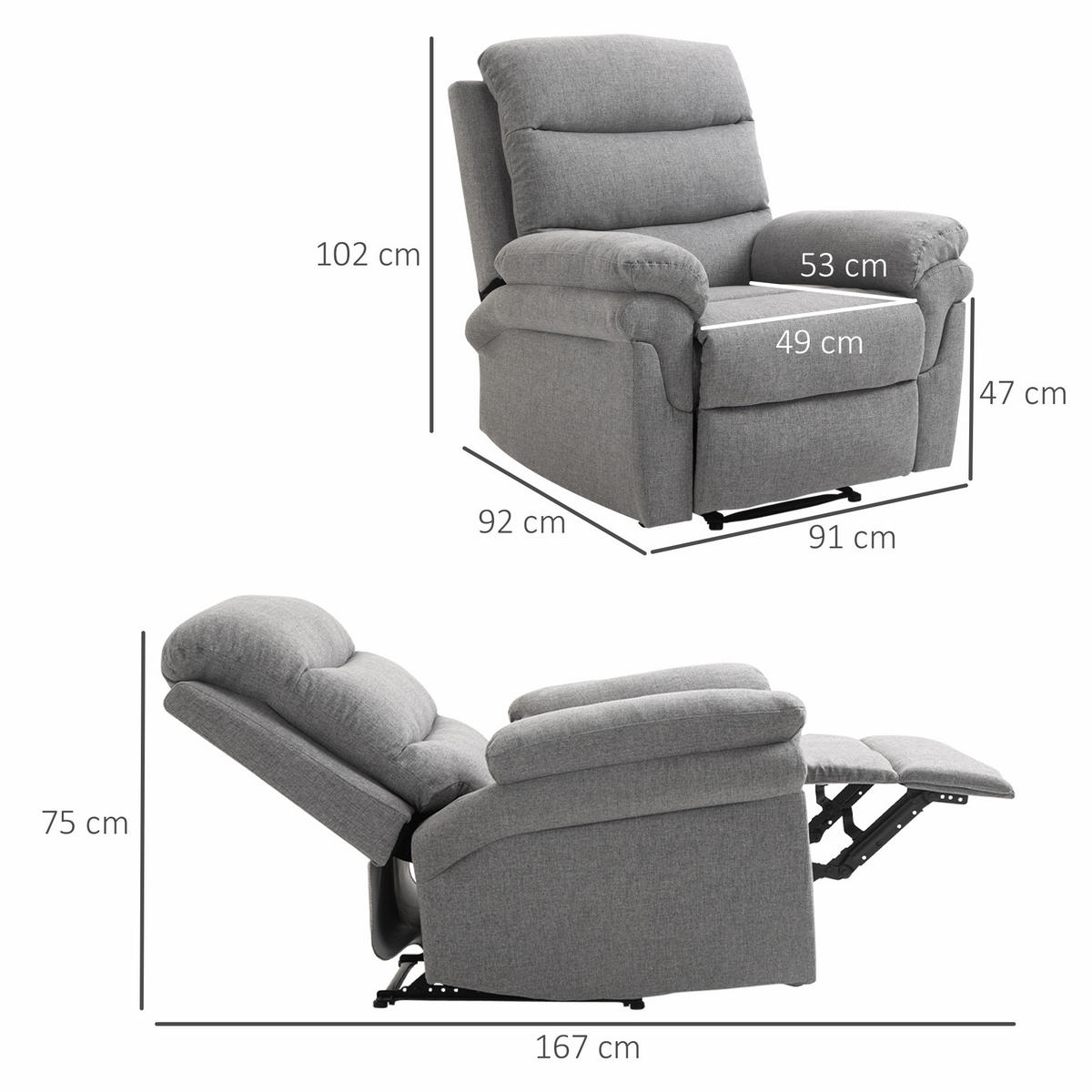 FERNSEHSESSEL DE-15353 manuell verstellbare Rückenlehne Hellgrau meliert - Grau, Metall (92/102/91cm) - ComfortXL