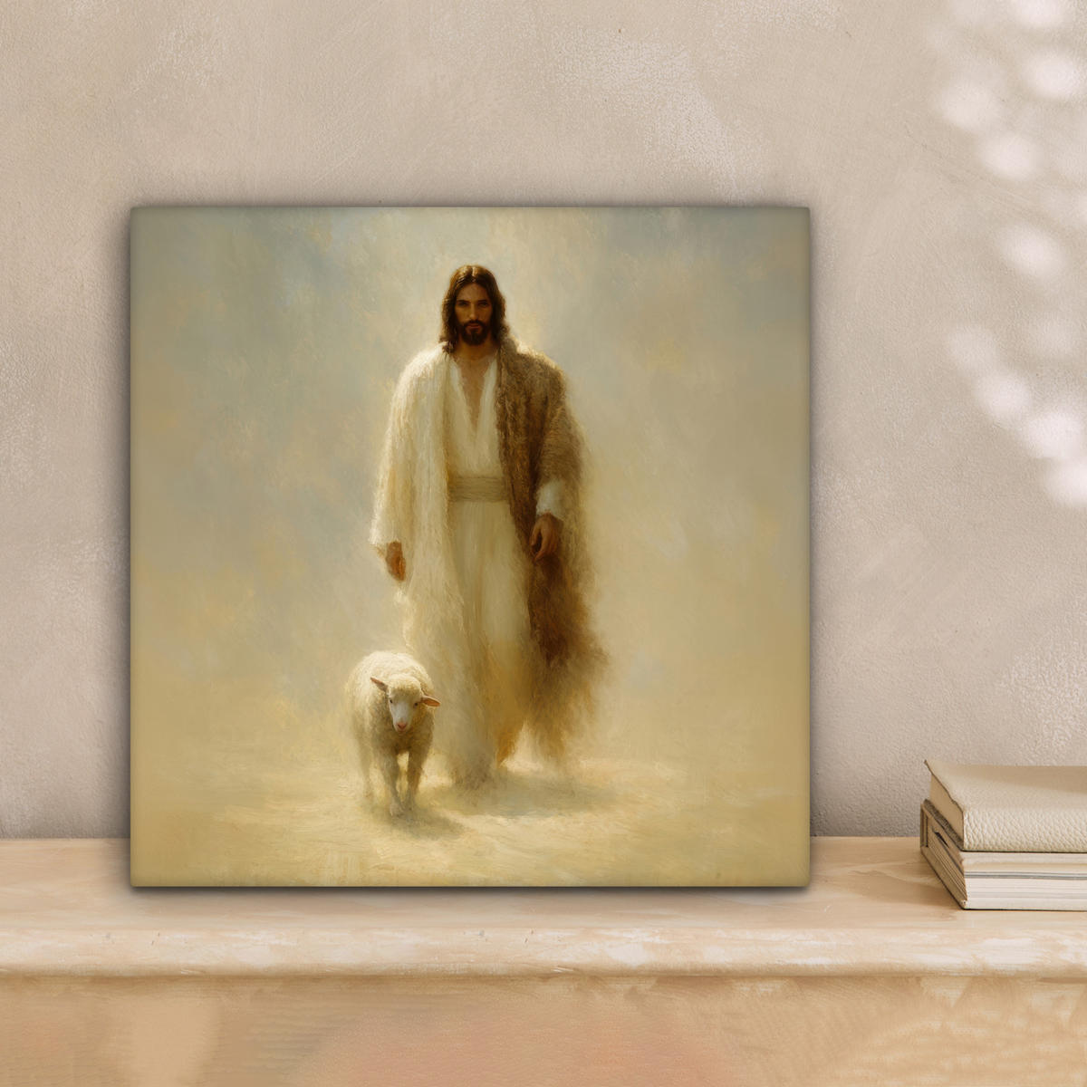 LEINWANDBILD Schaf - Jesus - Pinselstriche - Abstrakt Deko Wohnzimmer 20x20 cm - Sandfarben, Textil (20/20cm) - MuchoWow