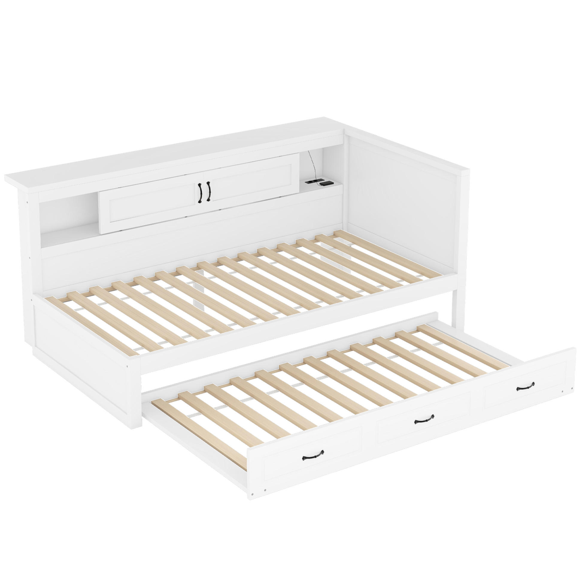 Modfu DĚTSKÁ postel z dřevotřísky a MDF 90x200 cm bílá s LED osvětlením, výsuvným lůžkem, USB a úložným prostorem