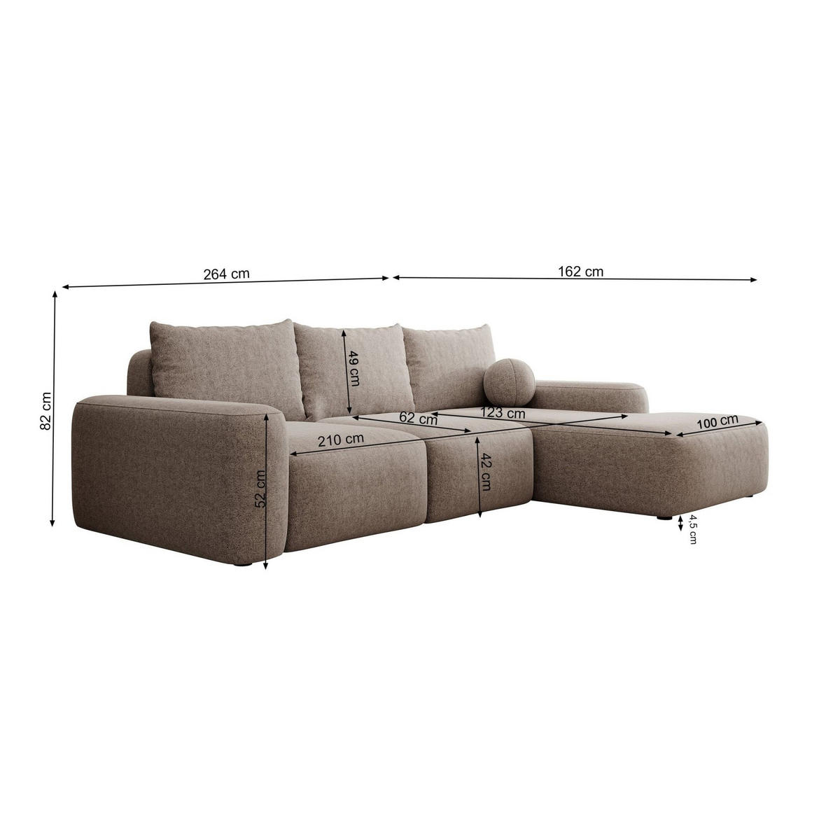 ECKSOFA Carnos mit Ballkissen, Schwarz Chenille, rechtsseitig - Schwarz, Kunststoff/Textil (162/264cm) - Selsey