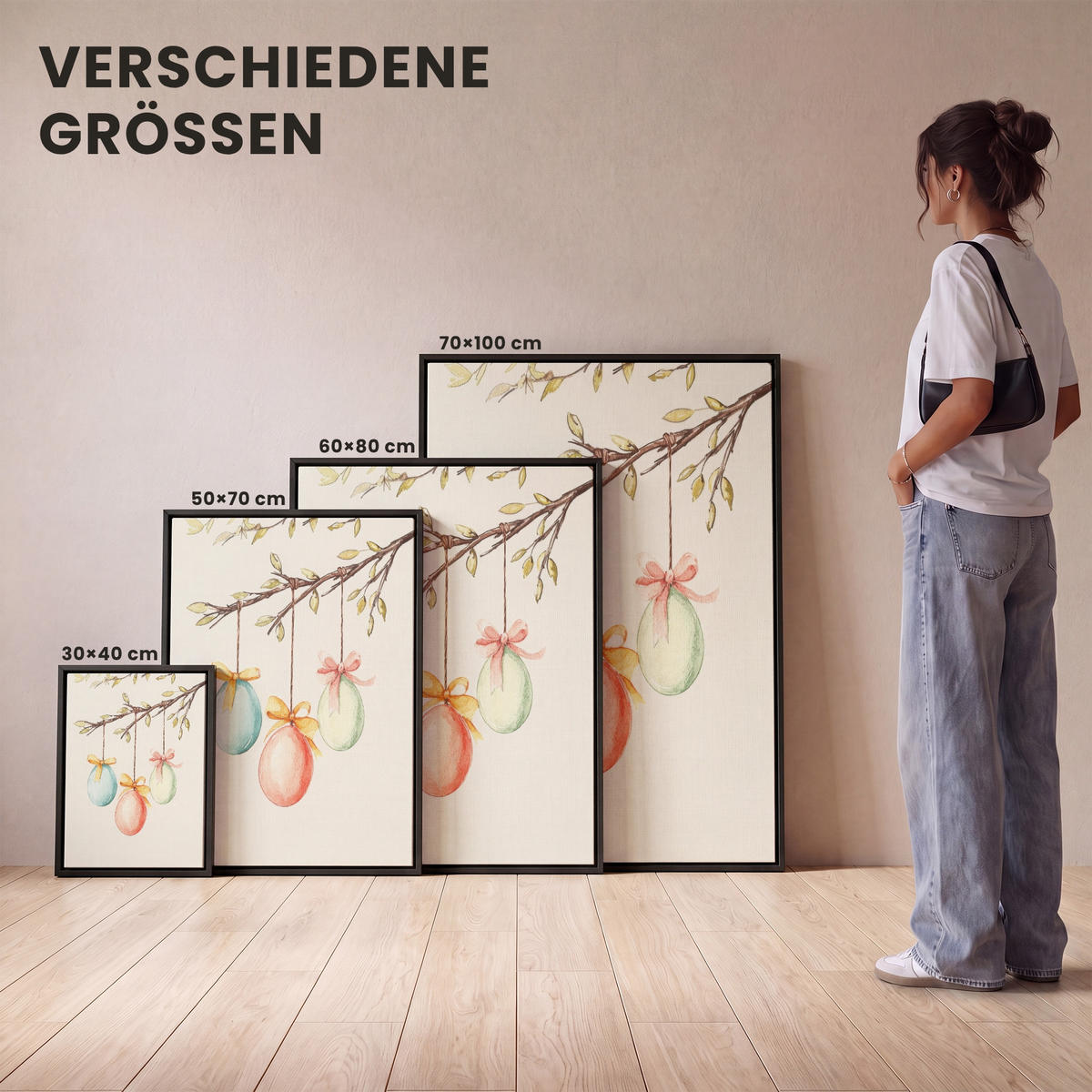 LEINWAND Bilder mit Rahmen - Osterkuchen - Schleife - Eier - 50x70 - Creme, Textil (50/70cm) - MuchoWow