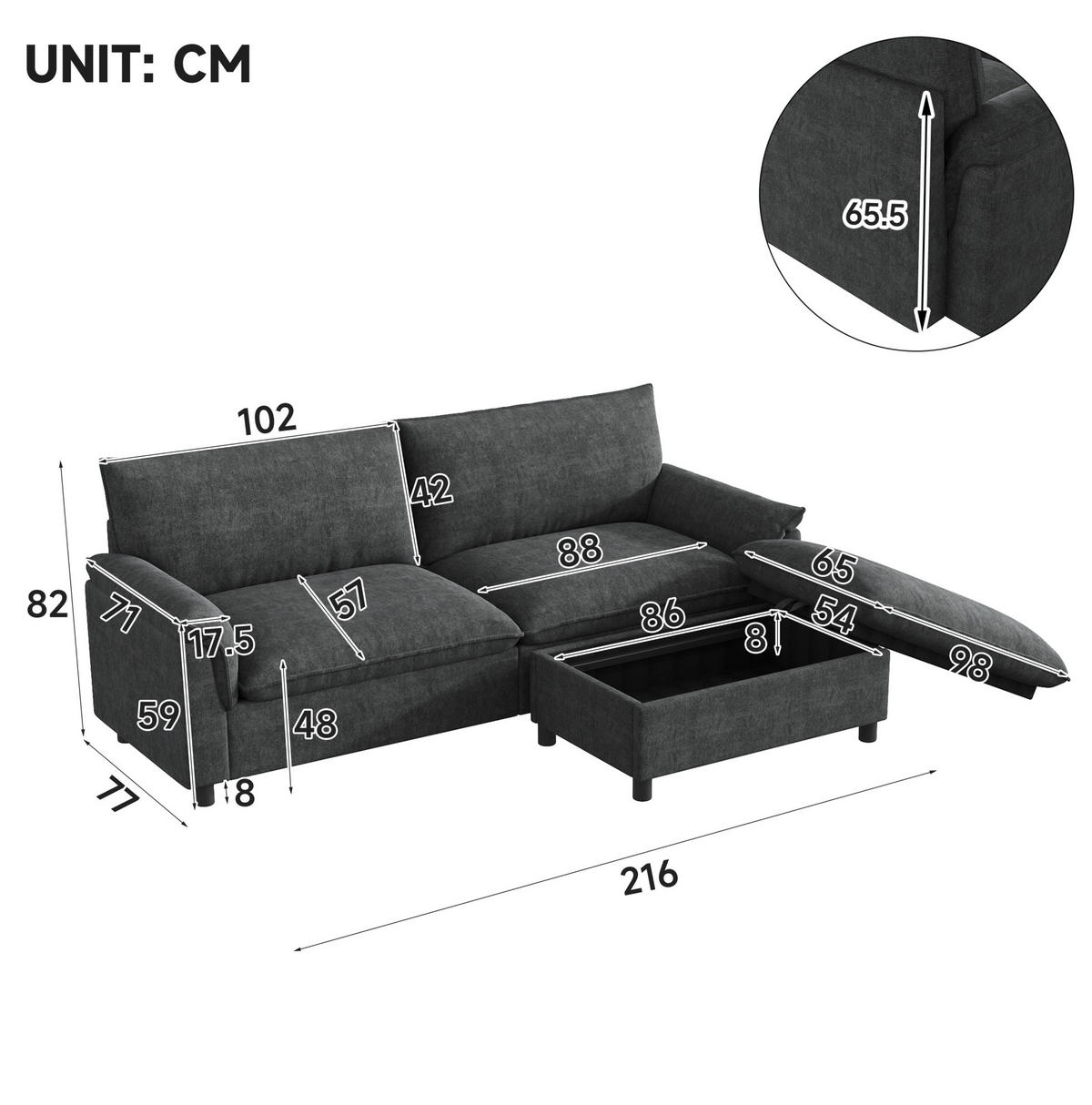 SOFA mit Hocker und Stauraum B 216 x T 77 x H 82 cm Chenille Black - Schwarz, Holzwerkstoff (77/216cm) - Meubliv