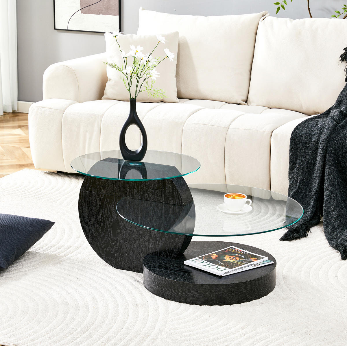 COUCHTISCH 70/70/44 cm mit Sicherheitsglas, mehrstufigen Ablagen und MDF-Gestell, Schwarz/Transparent - Transparent, Holzwerkstoff (70/70/44cm) - Redom