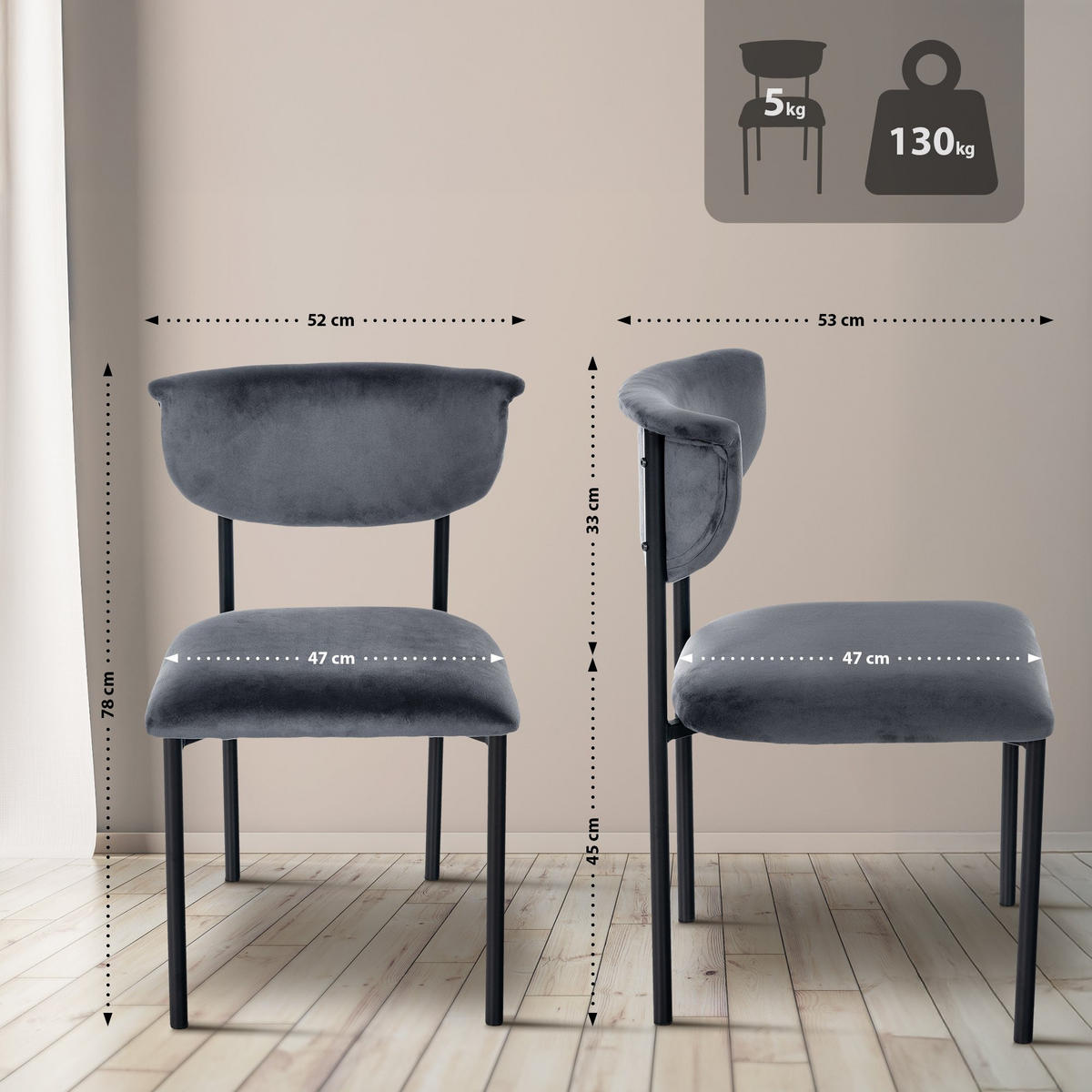 STUHL Samt Dunkelgrau - Dunkelgrau, Textil/Metall (52/78/53cm) - CLP