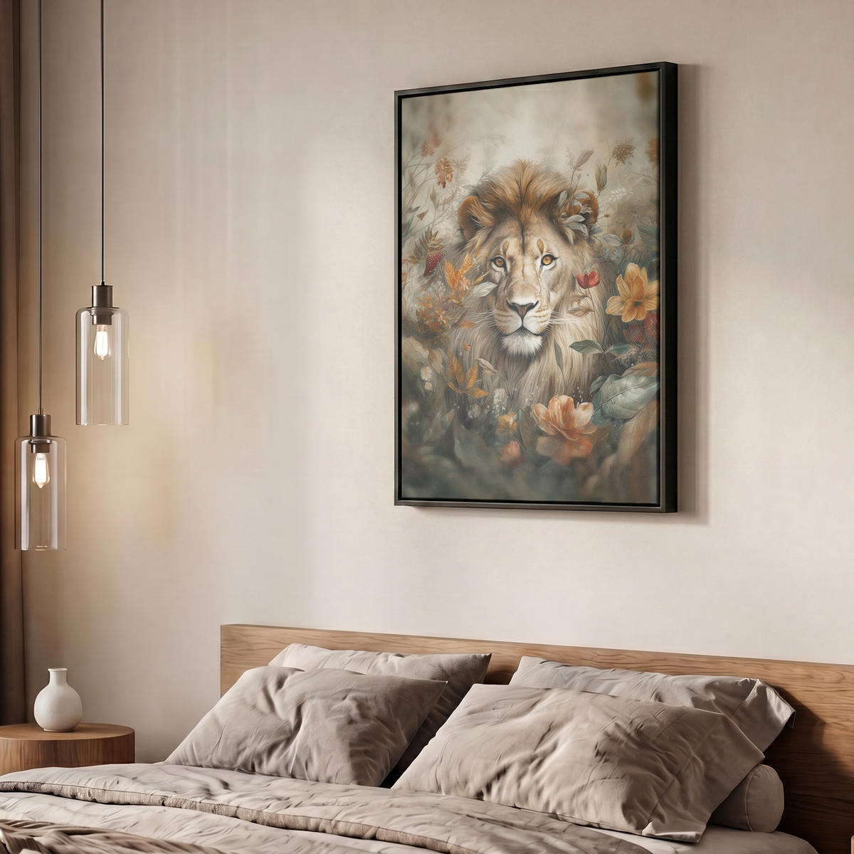 LEINWAND Bilder mit Rahmen - Löwe - Wildtiere - Pflanzen - Natur - Blumen - 50x70 - Beige, Textil (50/70cm) - MuchoWow