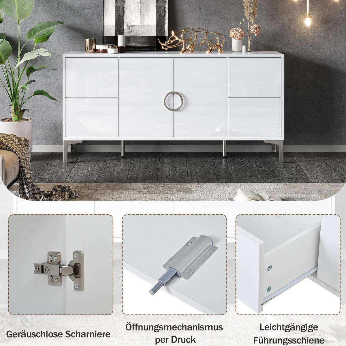 SIDEBOARD aus MDF 150x38x59,5 cm Weiß Hochglanz mit 4 Schubladen und 2 Türen - Weiß, Holzwerkstoff (150/59.5/38cm) - IVMEU