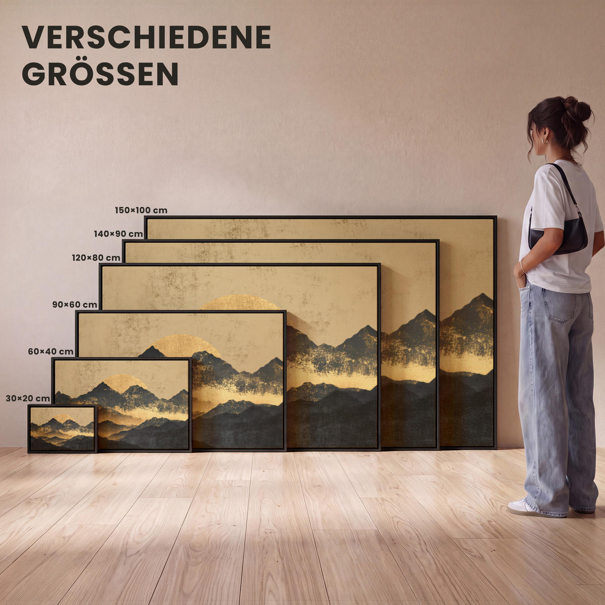 LEINWAND Bilder mit Rahmen - Goldene Berge bei Mondschein - 60x40 - Goldfarben, Textil (60/40cm) - MuchoWow
