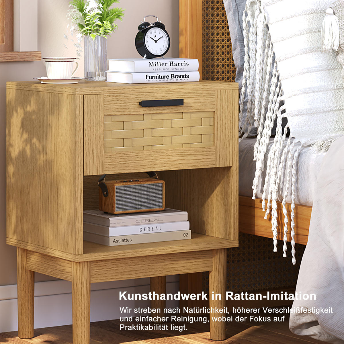 NACHTTISCH 2er Set Holz Rattan Schublade offenes Fach Eiche - Naturfarben, Holz (30/55/40cm) - LEBENLANG