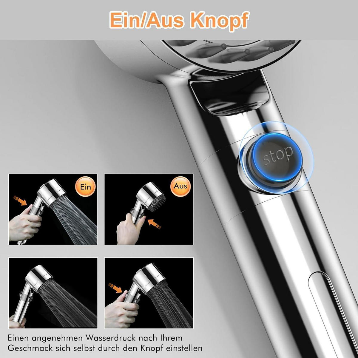 HANDBRAUSE mit 15-Schicht-Filter und 3+1 Strahlarten - Silberfarben, Metall (9/12.7/27cm)
