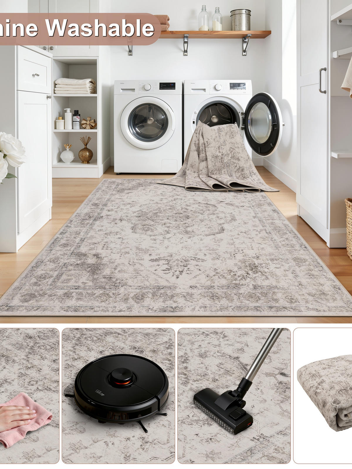LÄUFER waschbar, mit floralen Ornamenten, VERNANTE in Beige-Grau, 80 x 250 cm - Beige, Textil (80/250cm) - KADIMA DESIGN