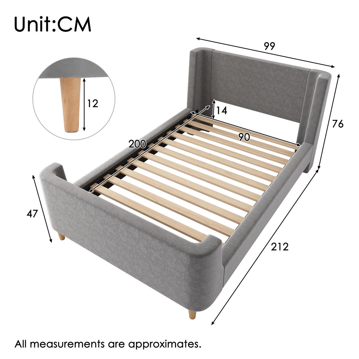 KINDERBETT 90/200 cm Grau Schlittenbett mit Weltraummuster - Grau, Textil (90/200cm) - OKWISH