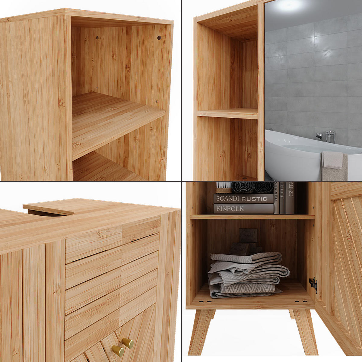 BADMÖBEL-SET Lucie Bambus 4 Teile, mit Midischrank und Hochschrank - Grün, Holzwerkstoff (60/65/36cm) - Vicco