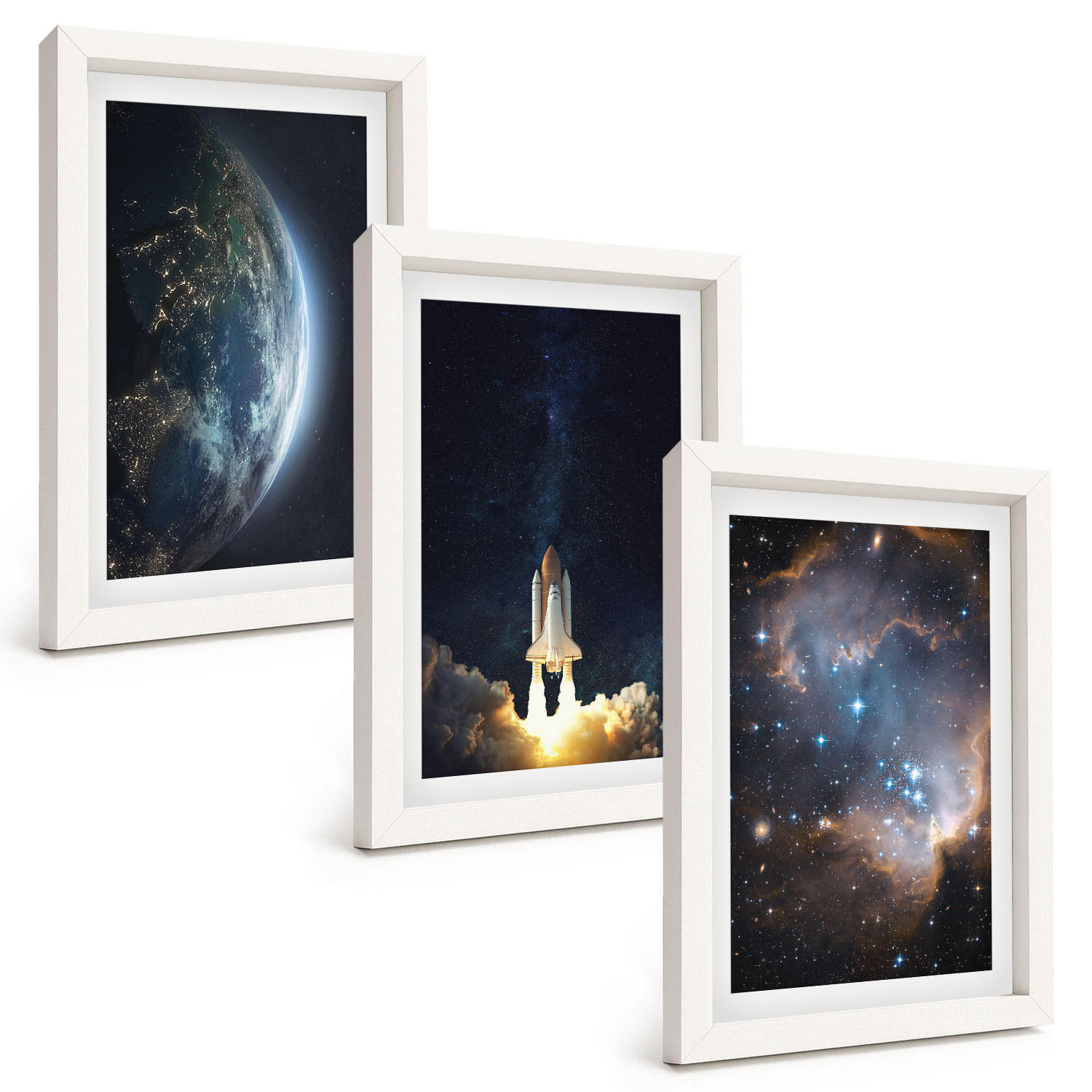 BILDER SET 3er Set - 20x30 cm Weißer Rahmen - Weltraum Erde Rakete Galaxie - Weiß, Kunststoff (20/30cm) - TULUP