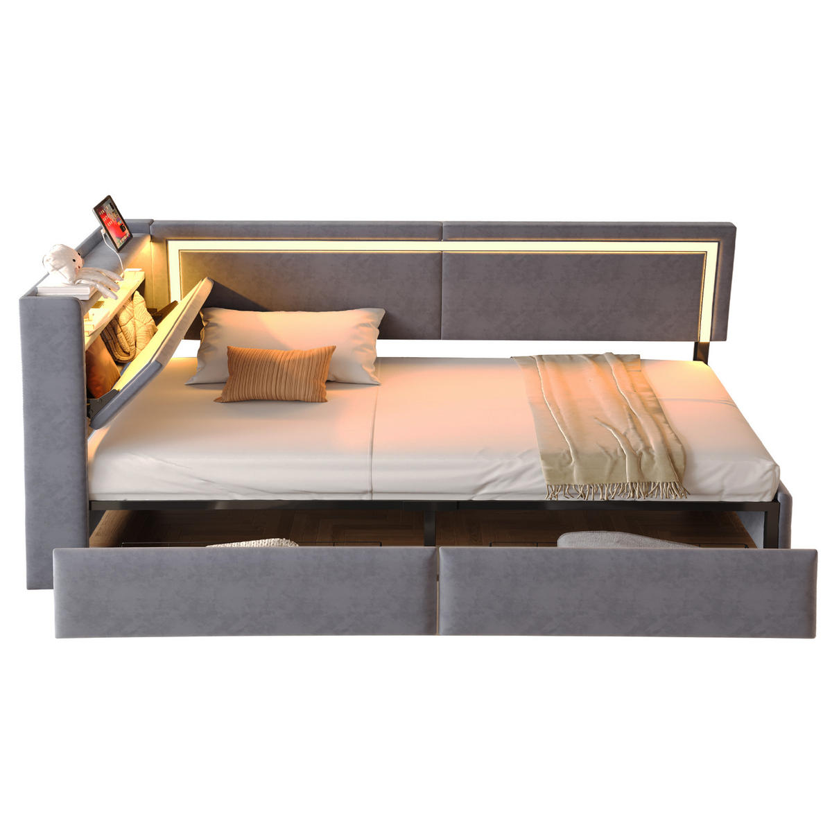 POLSTERBETT 90/200 cm dunkelgrau aus Samt mit LED und USB Kopfteil mit Stauraum - Dunkelgrau, Textil (90/200cm) - OKWISH
