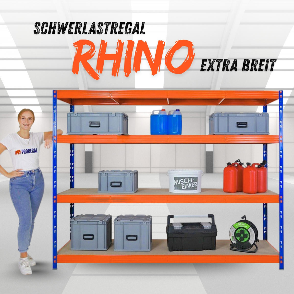 SCHWERLASTREGAL Rhino 180x240x60cm, 4 Spanplatten-Ebenen 8mm, Fachlast 450kg, Blau/Orange - Orange, Metall (240/180/60cm) - PROREGAL