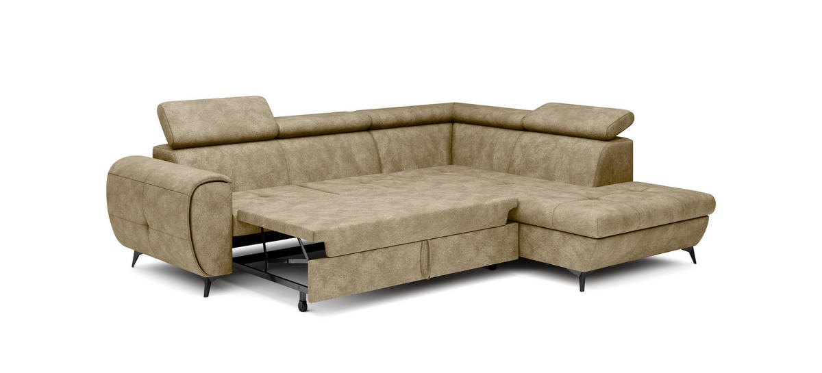ECKSOFA MAGIA R-S Beige Plüsch-Stoff mit Schlaffunktion - Beige, Holz (260/217cm) - MASSENO