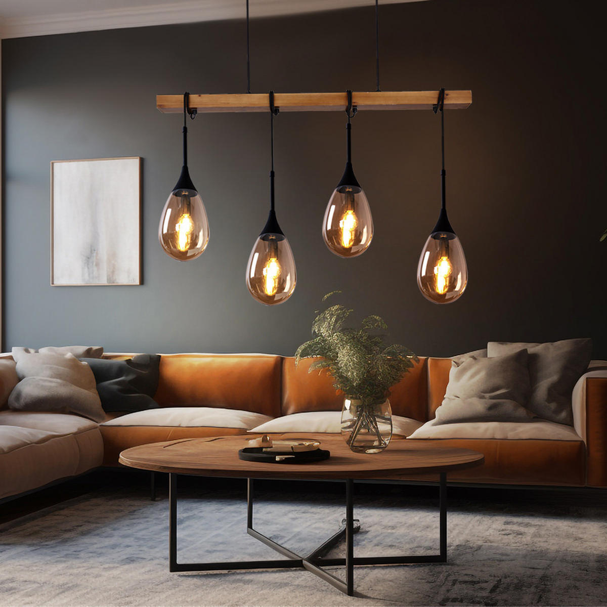 HÄNGELEUCHTE Holzoptik Schwarz 4-Flammig - Schwarz, Holz (92/12/120cm) - Globo Lighting