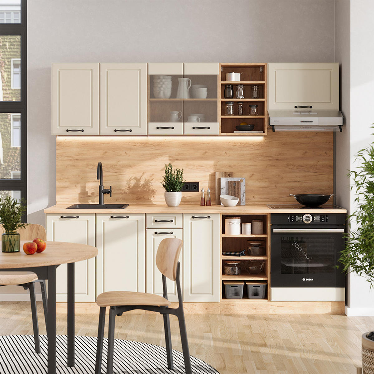 KÜCHENZEILE R-Line, Sand Landhaus/Goldkraft Eiche, 240 cm Arbeitsplatte Goldkraft Eiche - Honigeiche/Beige, Holzwerkstoff (240/206.8/60cm) - Vicco