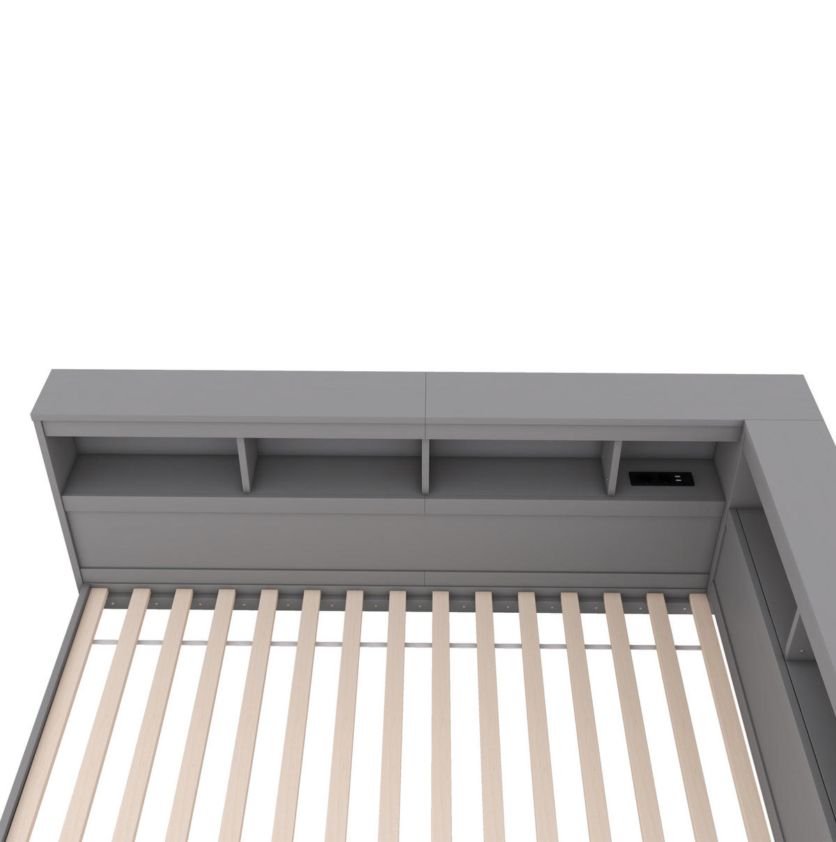 DNEVNA postelja iz iverne plošče 90x200 cm siva z vtičnico, 2 USB priključkoma in policami - siva, leseni material (90/200cm) - Modfu