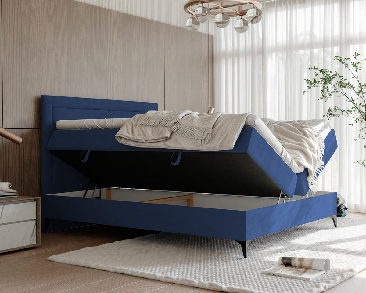 BOXBETT NERO 200/200 cm mit Matratze und Topper, Dunkelblau - Schwarz/Dunkelblau, Holzwerkstoff/Textil (200/200cm) - Idohome