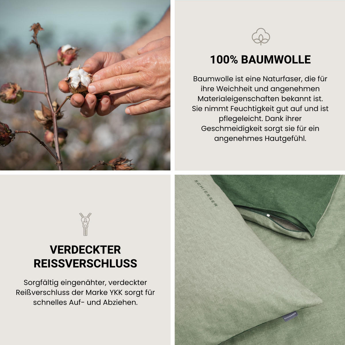 BETTWÄSCHESET Doubleface - Feinbiber - 2-teilig - 135 x 200 cm - Grün - Grün, Textil (155/220cm) - SCHIESSER