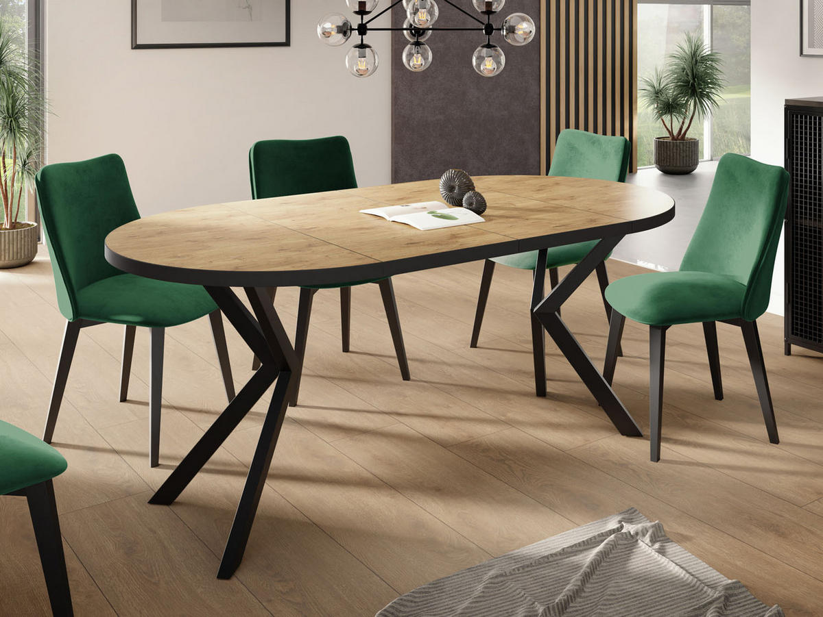 ESSTISCH Vincento runder ausziehbar, Lancelot Eiche 120-200/120/76 cm - Eichefarben/Schwarz, Holzwerkstoff/Metall (120/120/76cm) - WFL GROUP